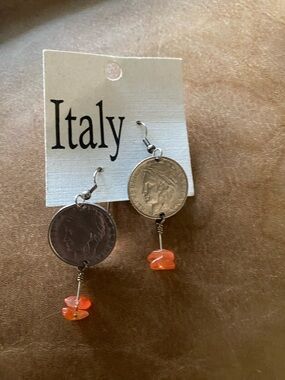 Coin Dangle Earrings with Orange Bead Accent